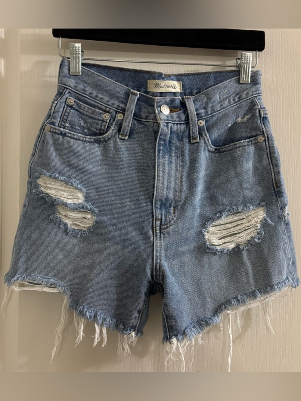 Madewell Light Blue High-Rise Distressed Mom Jean Shorts
